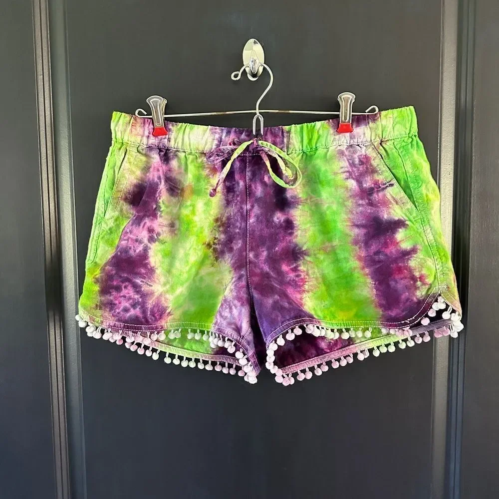J. Crew Shorts Linen Purple Green Tye Dye Pom Pom Tassel Preppy Boho Summer Med
